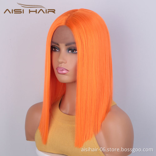 Aisi Hair Medium Long 16 Inch Cosplay Orange Wig Swiss Lace Wig Silky Straight Synthetic Lace Frontal Hair Wigs For Black Women